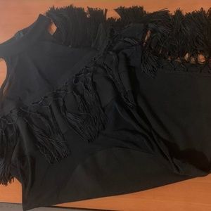 Blithe Black Tassel/Fringe High Neck Midi Dress w/ Mesh Detail